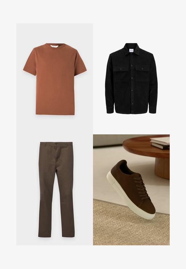 Svart kordfløyels knappjakke med to frontlommer med klaff og klassisk krage, lange ermer og ribbet tekstur.; Brun kortermet t-skjorte med rund hals laget av myk bomull, med et enkelt design uten synlige mønstre eller dekorasjoner.; Brune bomullsbukser med rett ben-design, med knappelukking og beltehemper, glatt tekstur uten mønstre eller detaljer.; Brune semskede sneakers med flade snørebånd og en hvid gummisål, der har en rund tå og minimal design, præsenteret mod en tekstureret overflade.