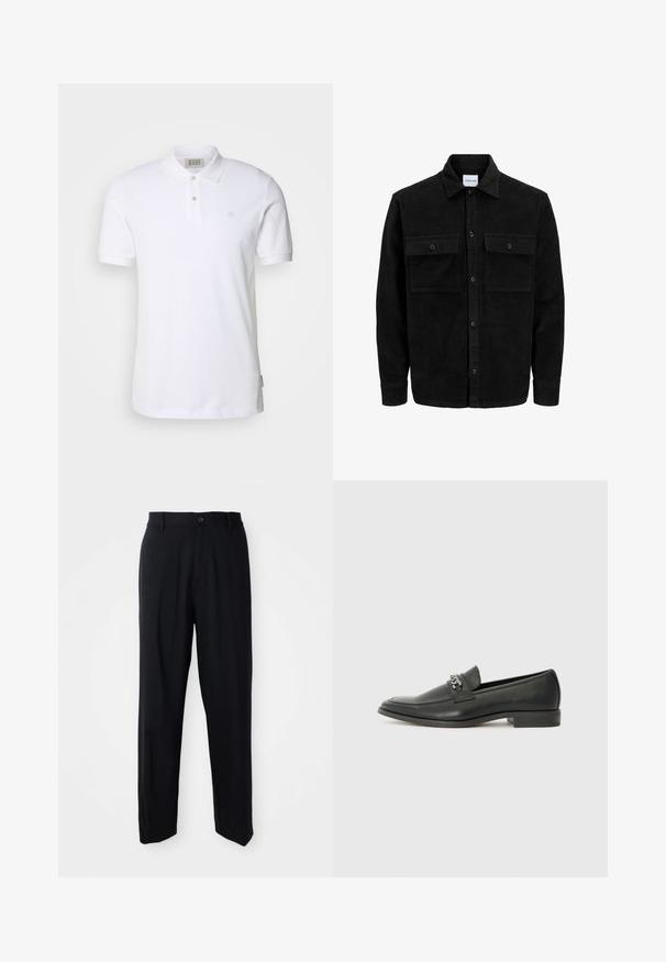 Zwarte corduroy knopenjack met twee voorste klepzakken en een klassieke kraag, lange mouwen en ribbelstructuur.; Witte katoenen polo met een klassieke kraag, een placket met twee knopen en een klein geborduurd logo op de borst. Korte mouwen en een rechte zoom.; Zwarte rechte broek met riemlussen, knoopsluiting en een strakke, minimalistische uitstraling op een neutrale achtergrond.; Zwarte leren instapper met een gladde afwerking, voorzien van een gestikt ontwerp en een decoratieve metalen kettingaccent over de wreef. Platte hak.