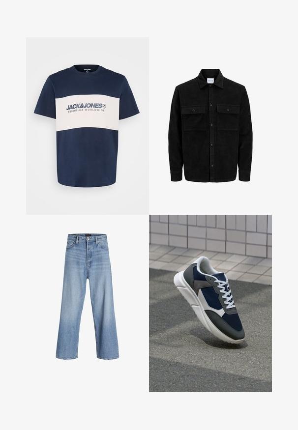 Schwarze Corduroy-Button-Up-Jacke mit zwei frontalem Klappentaschen und klassischem Kragen, langen Ärmeln und gerippter Textur.; Jack & Jones JJELEGACY BLOCKING TEE O NECK - T-Shirt print - navy; Hellblaue Denim-Weite-Beine-Jeans mit hoher Taille, ausgestattet mit einer Knopfleiste, einem Fünf-Taschen-Design und subtiler Ausbleichung. Sauberer Saumabschluss.; Sneaker mit einem Obermaterial aus navyblauem Mesh, grauen Wildlederelementen, einer weißen Gummisohle und flachen weißen Schnürsenkeln, entworfen für Komfort und Atmungsaktivität.