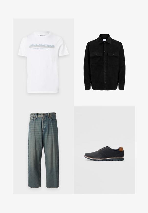 Sort fløjl button-up jakke med to frontlommer og klassisk krave, lange ærmer og ribbet tekstur.; Hvid bomulds T-shirt med rund halsudskæring, korte ærmer og et blåt grafisk tekstdesign, der siger "DENIM TOM TAILOR etableret 2007."; Lyseblå denim jeans med løs pasform, mellemhøj talje og lige ben. Har fem lommer, bæltestropper og en knappelukning.; Sorte syntetiske sko med en tekstureret overdel, glatte accenter, brun hæl og en kontrasterende sål. Har minimale snørebånd og syningsdetaljer.