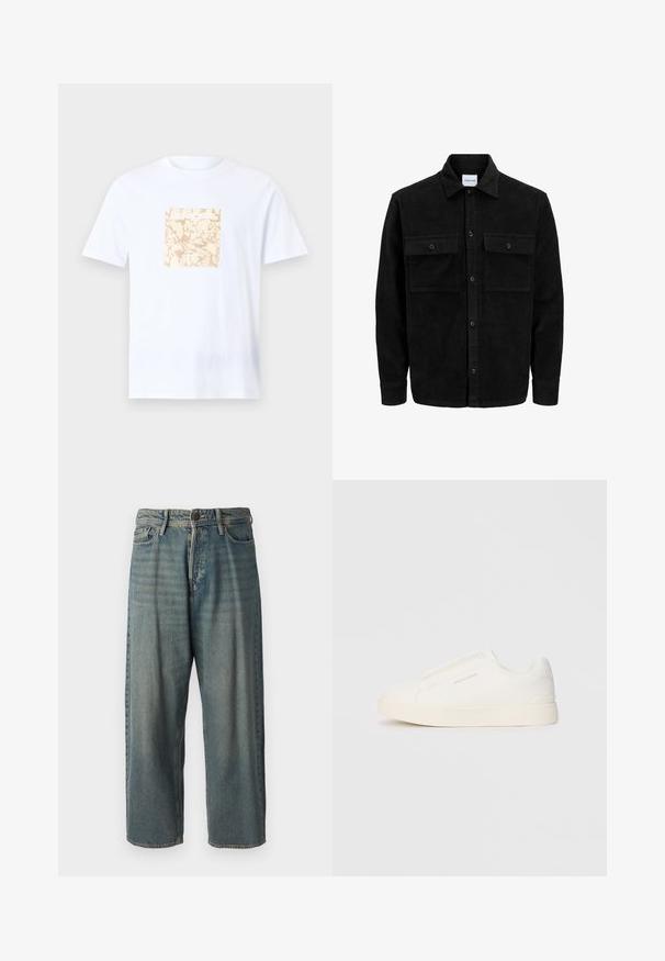 Melnas kordūru pogu jaka ar divām priekšējām atloka kabatām un klasisku apkakli, garām piedurknēm un ribotu tekstūru.; Balts kokvilnas T-krekls ar kvadrātveida bēšas krāsas grafiku ar teksturētu rakstu centrā. Īsas piedurknes un apaļa kakla izgriezums.; Gaiši zili džinsi ar brīvu piegriezumu, vidējo jostas augstumu un taisnām kājām. Satur piecas kabatas, jostas cilpas un pogu aizdari.; Baltas slip-on sporta apavi ar teksturētu virsmu, biezu zoli un minimālistisku dizainu. Sānos redzams zīmola logotips.