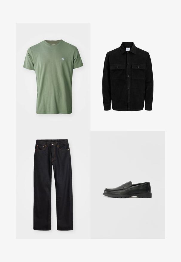 Jachetă din catifea neagră, cu butoni, două buzunare frontale cu clapetă și un guler clasic, mâneci lungi și textură ribbed.; Lee PATCH LOGO TEE - Tricou basic - olive stone; Jeans negri din denim pentru bărbați, cu croială dreaptă, cinci buzunare și cusături portocalii, închidere cu nasture și fermoar pe talie.; Labeled cu oglindă din piele neagră cu un finisaj neted, partea superioară în stil mocasin, detalii cusute și o talpă din cauciuc. Design clasic cu un toc jos.