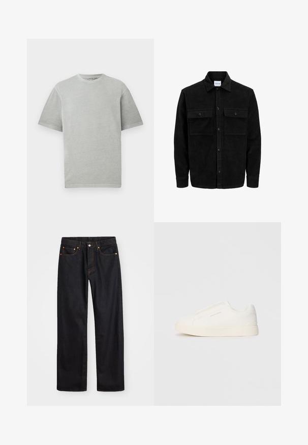 Chaqueta de pana negra con botones, dos bolsillos delanteros con solapa y un cuello clásico, mangas largas y textura acanalada.; Camiseta gris claro de manga corta y cuello redondo, exhibida sobre un fondo blanco plano.; Jeans de mezclilla negros de pierna recta para hombre, con cinco bolsillos y costuras en color naranja, cierre de botón y cremallera en la parte delantera de la cintura.; Zapatillas blancas tipo slip-on con una superficie texturizada, suela gruesa y diseño minimalista. Presenta el logo de la marca en un lado.
