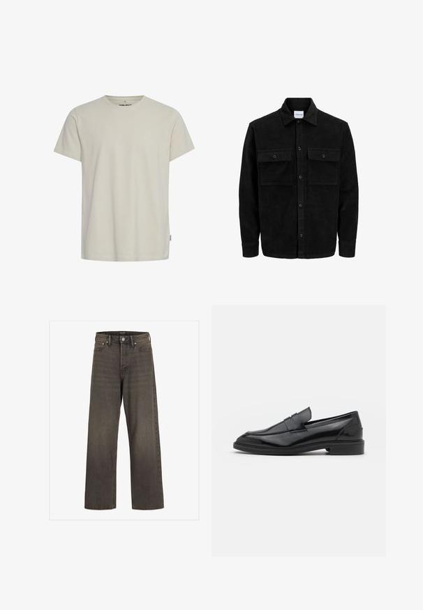 Sort fløjl button-up jakke med to frontlommer og klassisk krave, lange ærmer og ribbet tekstur.; Lys beige bomulds t-shirt med rund hals og korte ærmer. Har et lille logo på brystet og en lige kant. Glat tekstur.; Bredde ben jeans i mørkegrå denim med høj talje, klassisk fem-lommer design og kontrasterende syninger langs sømmene.; Sorte læder loafers med en glat overflade, der har en rund tå og en smal bånd over det øverste. Lav stablet hæl.