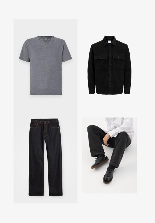 Juodas velveto mygtukų švarkas su dviem priekiniais kišenėmis su atvartais, klasikiniu apykakle, ilgomis rankovėmis ir raukšlėtu paviršiumi.; Trumpas rankovės tamsiai mėlynas ir baltas dryžuotas marškinėliai su apvalia iškirpte ir dviem mygtukais, pagaminti iš minkštos medvilnės medžiagos.; Vyrų tiesaus kirpimo juodi džinsai iš denim medžiagos, su penkiomis kišenėmis ir oranžinėmis siūlėmis, su mygtuko ir užtrauktuko uždarymu ant priekio.; Juodi sportbačiai su lygiu ir tekstūruotu paviršiumi, turi guminį padas ir tamsias raištelius. Suderinti su juodomis džinsais ir balta juostuota marškinėliais.