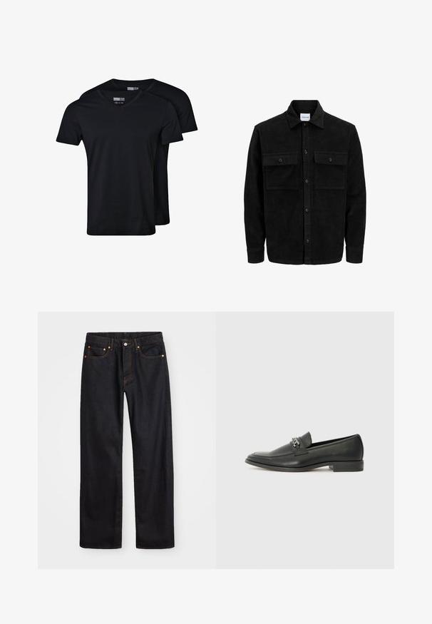Črna kordurojska jakna z gumbi, z dvema sprednjima žepoma z zavihkom in klasičnim ovratnikom, dolgimi rokavi ter rebrasto teksturo.; Črne majice s kratkimi rokavi in V-izrezom, narejene iz mešanice bombaža. Ohlapen kroj in gladka tekstura. Paket vključuje dve majici.; Moške črne kavbojke ravnega kroja z petimi žepi in oranžnim šivanjem, z gumbom in zadrgo na sprednjem pasu.; Črni usnjeni loafer z gladko površino, ki ima šivano zasnovo in dekorativni kovinski verižni naglas preko vampirja. Ravno peto.