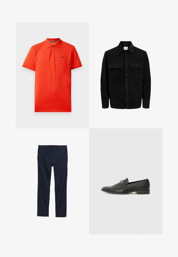 Schwarze Corduroy-Button-Up-Jacke mit zwei frontalem Klappentaschen und klassischem Kragen, langen Ärmeln und gerippter Textur.; Rotes Polohemd aus Baumwolle mit einem Kragen, dreiknöpfiger Frontleiste, kurzen Ärmeln und einem kleinen Logo auf der linken Brust.; Marineblaue, leichte Hose mit glatter Textur, geradem Bein-Design, Knopfverschluss und Seitentaschen.; Schwarzer Lederloafer mit glatter Oberfläche, ausgestattet mit einer gesteppten Gestaltung und einem dekorativen Metallkettendetail über dem Vorderblatt. Flacher Absatz.