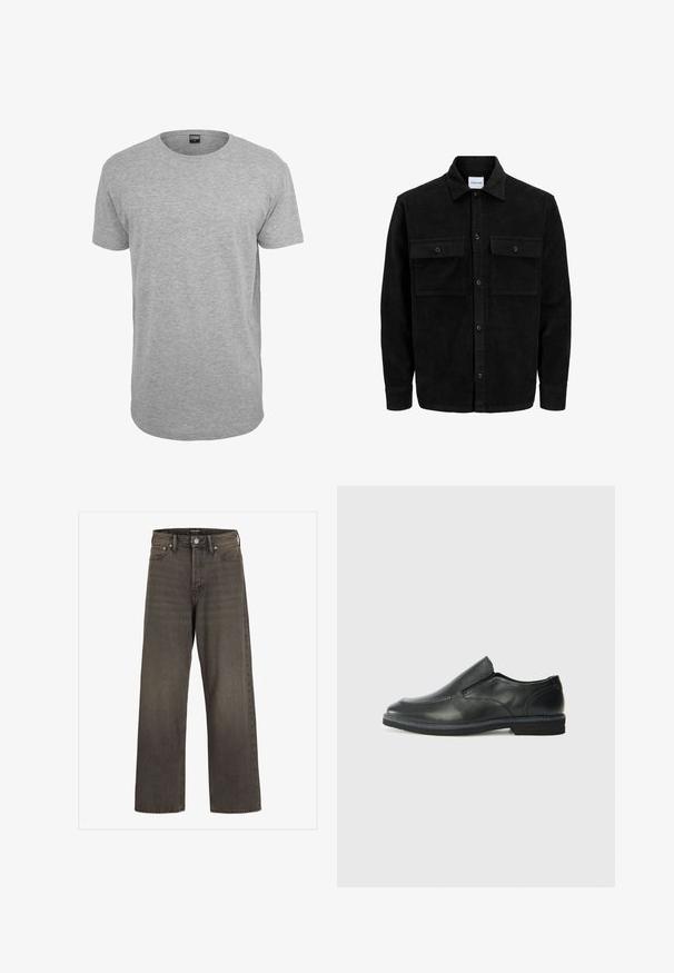 Črna kordurojska jakna z gumbi, z dvema sprednjima žepoma z zavihkom in klasičnim ovratnikom, dolgimi rokavi ter rebrasto teksturo.; Siva bombažna majica s kratkimi rokavi in okroglo izrezom, ravnim robom in mehko teksturo; minimalno označevanje vidno pri izrezu.; Široke hlače iz temno sive denim tkanine, s wysokim pasom, klasičnim pet-pocket dizajnom in kontrastnim šivom ob šivih.; Črne usnjene natikače z gladkim zgornjim delom, prišitimi detajli, zaobljenim nosom in nizkim gumijastim petkom. Podplat ima minimalen profil.