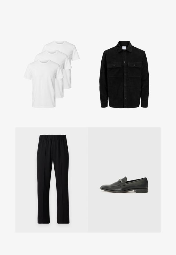 Černá kordurová košile s knoflíky, dvěma předními klopovými kapsami a klasickým límcem, dlouhými rukávy a vroubkovanou texturou.; Bílé bavlněné trička ve stylu s kulatým výstřihem, se krátkými rukávy a standardní velikostí. Tři trička jsou uspořádána v řadě.; Černé kalhoty s elastickým pasem a rovnými nohavicemi, s hladkým povrchem a bez viditelných vzorů nebo kovových doplňků.; Černé kožené mokasíny s hladkým povrchem, s prošívaným designem a dekoračním kovovým řetízkem přes nárt. Plochý podpatek.