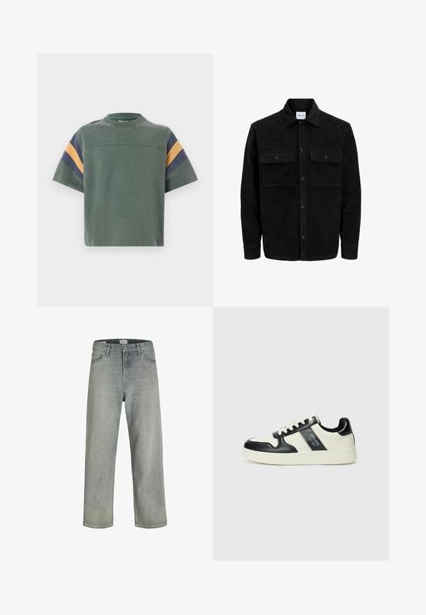 Sort fløjl button-up jakke med to frontlommer og klassisk krave, lange ærmer og ribbet tekstur.; Grøn bomulds T-shirt med korte ærmer, der har marineblå og sennepsgul striber på skuldrene og en simpel rund halsudskæring.; Lysegrå, løstsiddende jeans lavet af denim. Har et klassisk fem-lomme design, bæltestropper og en lige ben silhuet.; Lædersneakers i sort og creme farveskema, med perforerede detaljer, en polstret krave og en struktureret ydersål.