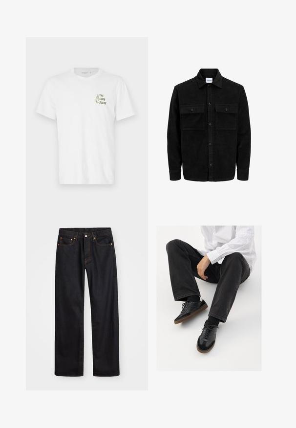 Mustmustöös nupuga jope, millel on kaks eesmist klapiga taskut ja klassikaline kaelus, pikad varrukad ning ribakujuline tekstuur.; Valge puuvillane T-särk, millel on rohelise värvusega tekst "THE CLUB SCENE", mis on välja pandud vasakul rinnal, lihtsa ümmarguse kaeluse juures.; Meeste sirge jala mustad denim teksad viie taskuga, oranž õmblus, nupu ja tõmblukuga ees nagu vöökoht.; Mustad spordijalatsid siledast ja tekstuurilisest ülemisest osast, millel on kummist tald ja tumedad nöörid. Kombineeritud mustade teksade ja valge triibulise särgiga.