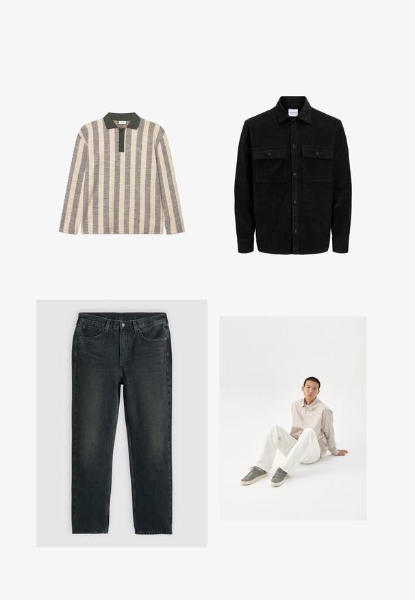 Svart kordfløyels knappjakke med to frontlommer med klaff og klassisk krage, lange ermer og ribbet tekstur.; Stripete langermet polo skjorte i krem og grå, med grønn krage og fire-knaps knappestolpe, med subtil brodert logo-detalj.; Mørkeblå denimjeans med rette ben, med fem lommer, glidelås og kontraststing. Subtil fading på stoffet.; Beige skjorte med knapper, hvite bukser og grå sneakers. Skjorten har en løs passform, og sneakersene har en teksturert overflate og snøring.