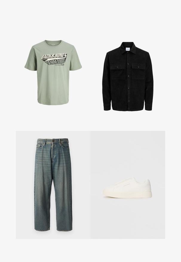 Melnas kordūru pogu jaka ar divām priekšējām atloka kabatām un klasisku apkakli, garām piedurknēm un ribotu tekstūru.; Gaisza zaļas kokvilnas t-krekls ar melnbaltu grafisko dizainu, kas ietver tekstu. Apaļš kakls, īsas piedurknes un taisns apakšmalas vīlējums.; Gaiši zili džinsi ar brīvu piegriezumu, vidējo jostas augstumu un taisnām kājām. Satur piecas kabatas, jostas cilpas un pogu aizdari.; Baltas slip-on sporta apavi ar teksturētu virsmu, biezu zoli un minimālistisku dizainu. Sānos redzams zīmola logotips.