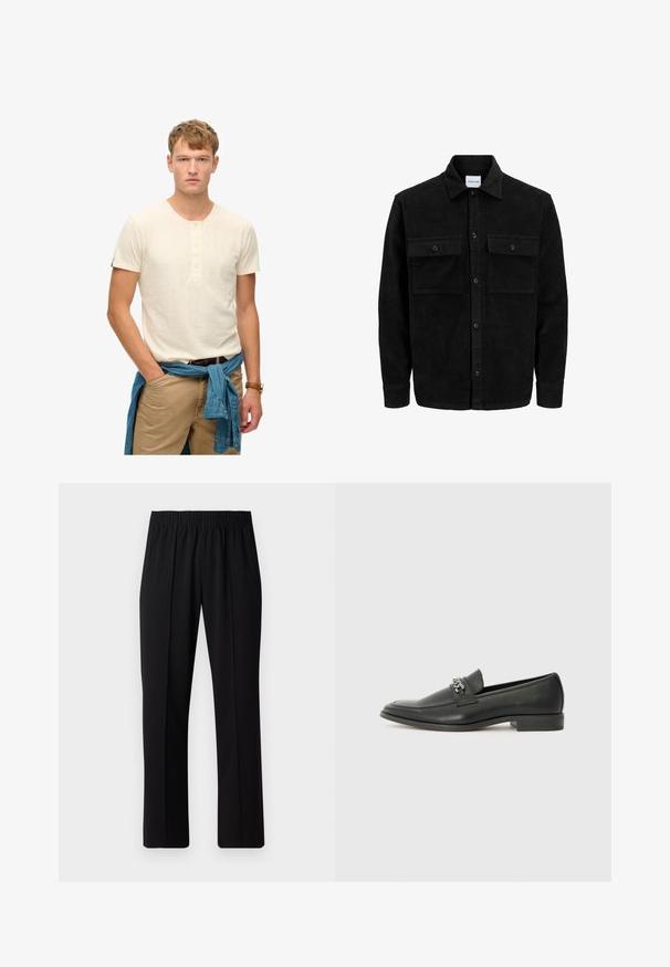 Sort fløjl button-up jakke med to frontlommer og klassisk krave, lange ærmer og ribbet tekstur.; Lys beige kortærmet T-shirt med henley-hals og tre knapper; båret med beige bukser og en blå denimskjorte bundet om livet.; Sorte bukser med elastisk talje og lige ben, der har en glat tekstur og ingen synlige mønstre eller hardware.; Sorte læder loafers med en glat finish, der har et syet design og et dekorativt metal kædeaccent hen over vamps. Flad hæl.