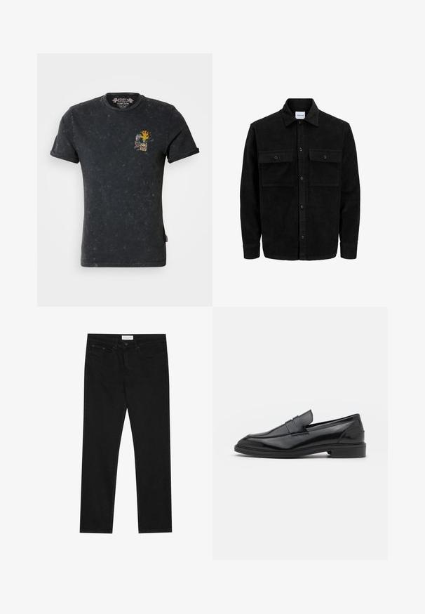 Mustmustöös nupuga jope, millel on kaks eesmist klapiga taskut ja klassikaline kaelus, pikad varrukad ning ribakujuline tekstuur.; Must t-särk mustast puuvillast, lõdva lõikega, millel on ees grafika kolbast, leekidest ja roosist. Kulunud tekstuur, lühikesed varrukad.; Mustad mustad jalad, viie taskuga disain, nööbiga ja lukuga kinnine, ning Pier One brändi silt vööl.; Mustad nahast loafers, millel on sile viimistlus, ümar varvas ja kitsas riba peal. Madal kühveldatud konts.