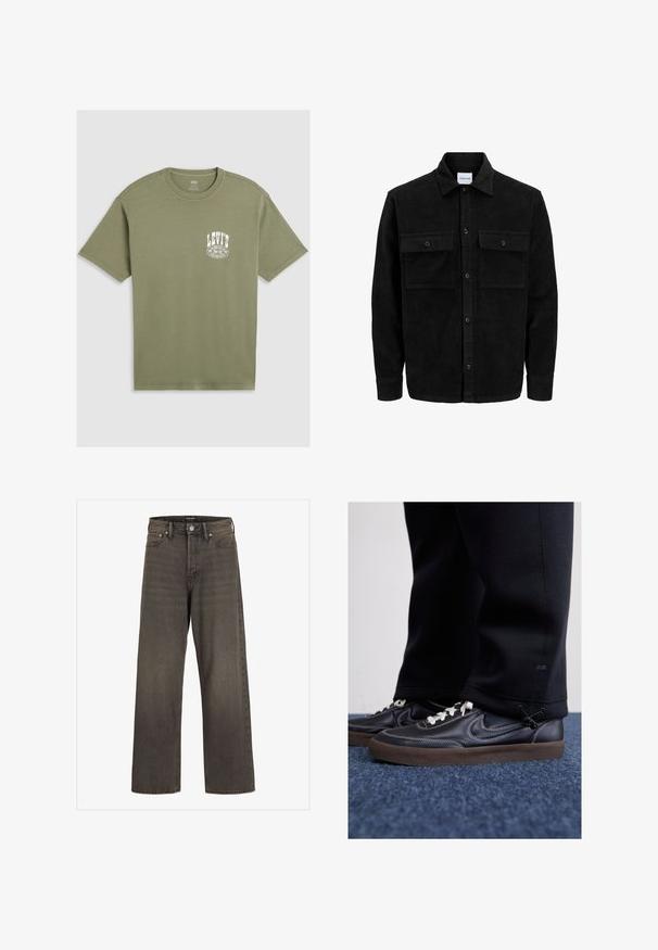 Melnas kordūru pogu jaka ar divām priekšējām atloka kabatām un klasisku apkakli, garām piedurknēm un ribotu tekstūru.; Olīvzaļa kokvilnas T-krekls ar apaļu kaklu, īsām piedurknēm un balto Levi's logo, kas drukāts kreisajā krūtīs. Gluda tekstūra, ikdienišķa piegriezne.; Platas kājas džinsi tumši pelēkā denima, ar augstu jostasvietu, klasisku piecu kabatu dizainu un kontrastējošām šuvēm.; Nike Sportswear KILLSHOT 2 LTR PRM OPP2 - Treniņu apavi - black sail baroque brown mtlc dk grey