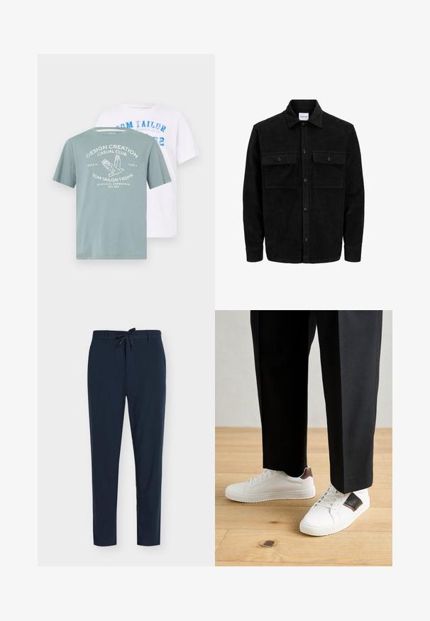 Melnas kordūru pogu jaka ar divām priekšējām atloka kabatām un klasisku apkakli, garām piedurknēm un ribotu tekstūru.; Divas T-krekli: viens gaiši zilā krāsā ar drukātu dizainu, kas attēlo putnu un tekstu, otrs balts ar zilu tekstu. Abi ir īsām piedurknēm.; Tumši zili lielgabalu bikses no gluda auduma ar auklu jostu, ar vertikālu svītru rakstu un šauru kāju dizainu.; Baltā pārsoļa apavi ar gludu tekstūru, papildināti ar brūniem ādas akcentiem un melniem elementiem, savienoti ar melnām pielāgotām biksēm. Koka grīdas fons.