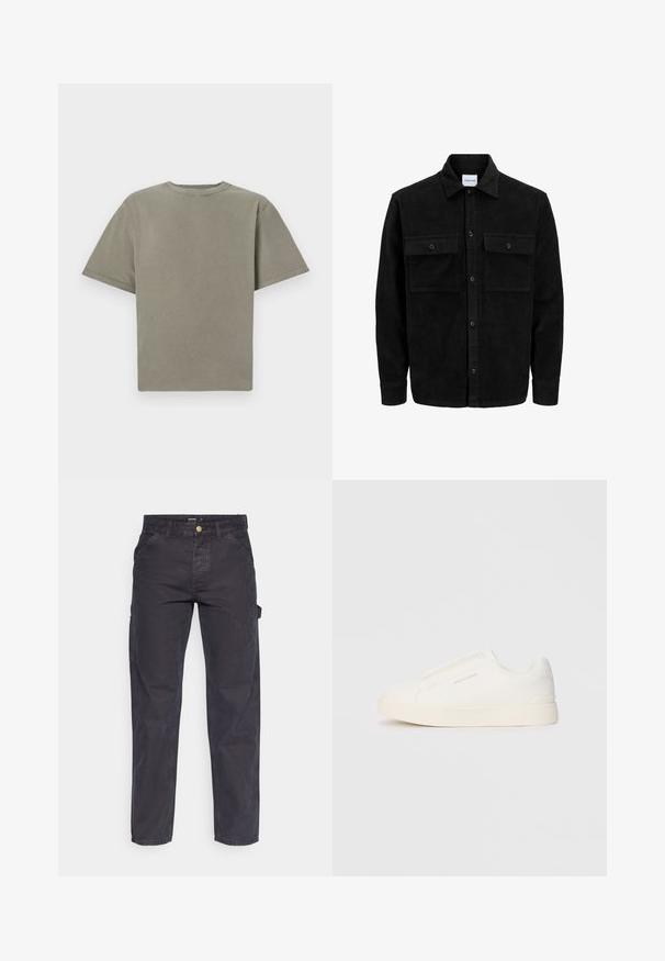 Melnas kordūru pogu jaka ar divām priekšējām atloka kabatām un klasisku apkakli, garām piedurknēm un ribotu tekstūru.; Īsām piedurknēm, apaļas kakla t-krekls blāvā zaļā krāsā. Izgatavots no mīksta kokvilnas, ar gludu faktūru un tīrām malām. Nav redzamu logotipu vai rakstu.; Tumši pelēki kravas bikses, kas izgatavotas no izturīga auduma, ar taisnu piegriezumu, piecām kabatām un pogu aizdari viduklī.; Baltas slip-on sporta apavi ar teksturētu virsmu, biezu zoli un minimālistisku dizainu. Sānos redzams zīmola logotips.