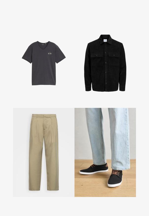 Juodas velveto mygtukų švarkas su dviem priekiniais kišenėmis su atvartais, klasikiniu apykakle, ilgomis rankovėmis ir raukšlėtu paviršiumi.; Pilkos spalvos v-kaklo marškiniai, pagaminti iš minkštos medžiagos. Turi trumpas rankoves ir apvalų logotipą su užrašu kairėje krūtinės pusėje.; Šviesiai rudos, aukšto liemens kelnes su tiesia kirpimu, su plokščiu priekiniu paviršiumi, šoninėmis kišenėmis ir lygiu, tekstūruotu audiniu.; Juodi drobės sportbačiai su rudos spalvos akcentais, baltais gumos padu, rudi raišteliai, derinami su šviesiai mėlynomis tiesiomis džinsinėmis kelnėmis. Medinis grindų fonas.