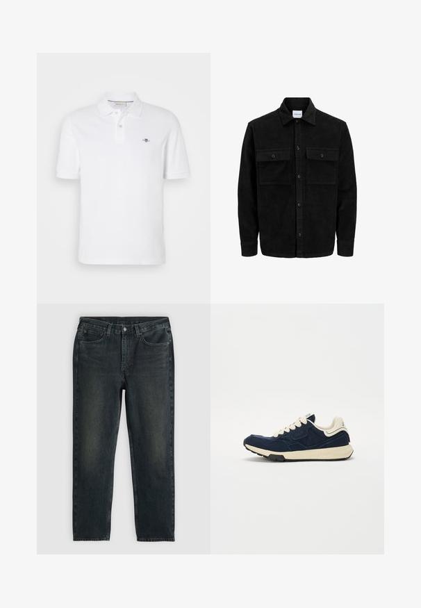 Chaqueta de pana negra con botones, dos bolsillos delanteros con solapa y un cuello clásico, mangas largas y textura acanalada.; Camisa polo blanca de algodón, con un cuello clásico, mangas cortas y un pequeño logo bordado en el lado izquierdo del pecho.; Vaqueros de mezclilla azul oscuro con un corte recto, que cuentan con cinco bolsillos, una cremallera en la bragueta y costuras en contraste. Ligera decoloración en la tela.; Zapatilla de color azul marino con parte superior de ante texturizado, cordones color crema y una suela intermedia color beige. Presenta un diseño atlético clásico y suela de goma.