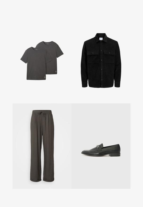 Mustmustöös nupuga jope, millel on kaks eesmist klapiga taskut ja klassikaline kaelus, pikad varrukad ning ribakujuline tekstuur.; Kaks lühikeste varrukategaT-särki, tumesinises hallis, valmistatud pehmest puuvillasegust, mis on varustatud ringlõike ja väikese logodetailiga hemper.; Tumedat hallid laiad püksid nööriga vööl, valmistatud pehmest, tekstuuriga kangast, millel on pahkluu juures keeratud kraed.; Must haveate nahkking punased, millel on sile viimistlus, tikitud muster ja dekoratiivne metallkett vampi üle. Tasane konts.