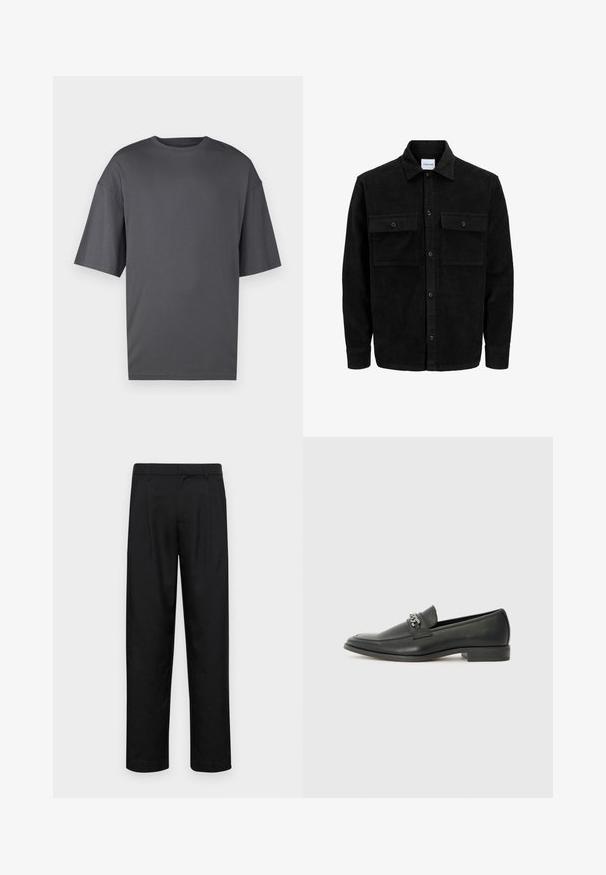 Čierna kordúrová bunda s gombíkmi, dvoma prednými vreckami so záklopkou a klasickým golierom, dlhými rukávmi a ryhovanou textúrou.; Nadrozmerné tmavošedé tričko vyrobené z mäkkej bavlny, s klasickým okrúhlym výstrihom, krátkymi rukávmi a jednoduchou hladkou textúrou.; Čierne nohavice vyrobené z hladkej tkaniny, s rovnými nohavicami, dvoma prednými skladmi a štandardným pásom s pútkami na opasok.; Čierne kožené loafers s hladkým povrchom, s prešitým dizajnom a dekoratívnym kovovým reťazovým akcentom cez priehlavok. Plochý podpätok.