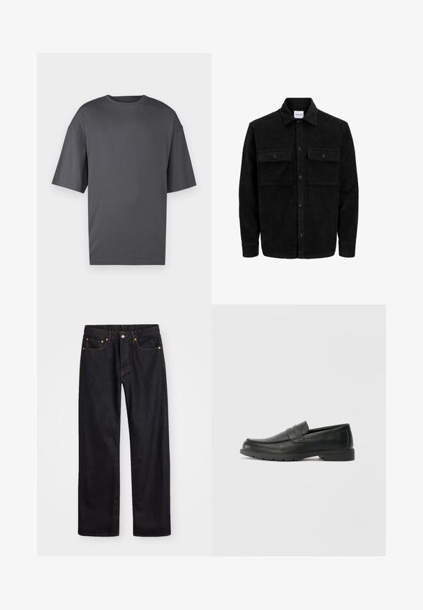 Juodas velveto mygtukų švarkas su dviem priekiniais kišenėmis su atvartais, klasikiniu apykakle, ilgomis rankovėmis ir raukšlėtu paviršiumi.; Per didelis tamsiai pilkos spalvos T šurtukas, pagamintas iš minkštos medvilnės, su klasikiniais apvaliais kaklo atvartu, trumpomis rankovėmis ir paprasta, lygi tekstūra.; Vyrų tiesaus kirpimo juodi džinsai iš denim medžiagos, su penkiomis kišenėmis ir oranžinėmis siūlėmis, su mygtuko ir užtrauktuko uždarymu ant priekio.; Juodai odiniai loaferiai su sklandžiu paviršiumi, mokasino stiliaus viršus, siuvinėjimu ir guminėmis padangomis. Klasikinis dizainas su žemu kulnu.