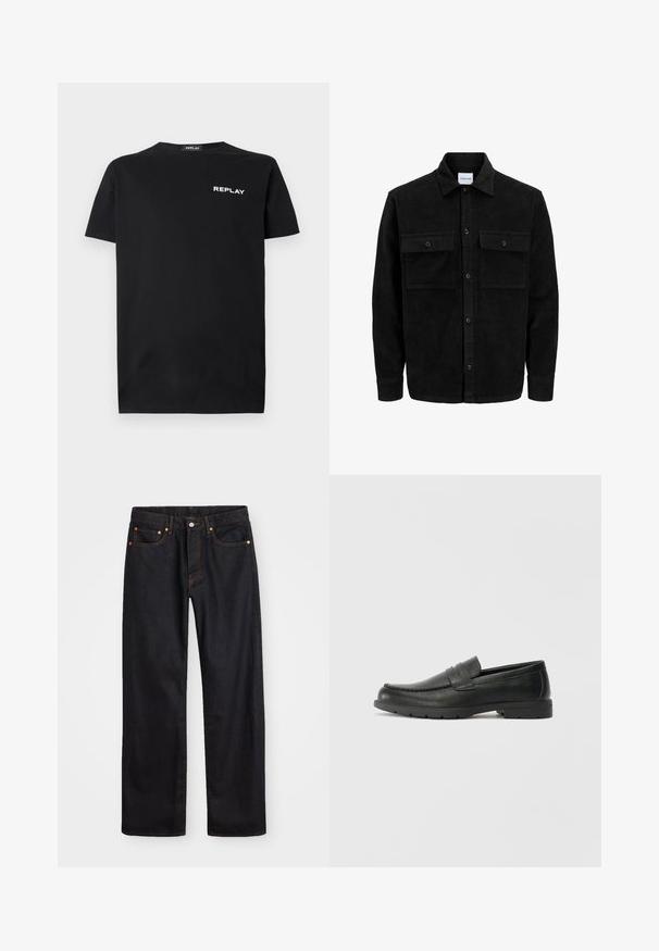 Melnas kordūru pogu jaka ar divām priekšējām atloka kabatām un klasisku apkakli, garām piedurknēm un ribotu tekstūru.; Melna kokvilnas T-krekls ar īsām piedurknēm un apaļu kakla izgriezumu, ar baltu "REPLAY" logo kreisajā krūšu daļā. Gluda tekstūra.; Vīriešu taisno kāju melnie džinsi ar piecām kabatām un oranžu izšuvumu, ar pogu un zipa aizdari priekšējā jostas daļā.; Melnas ādas loafers ar gludu apdari, mokasīnu stila augšdaļu, šūtu detalizāciju un gumijas zoli. Klasisks dizains ar zemu papēdi.