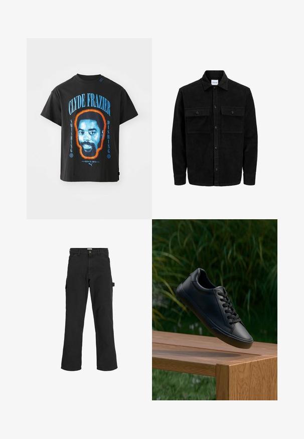 Mustmustöös nupuga jope, millel on kaks eesmist klapiga taskut ja klassikaline kaelus, pikad varrukad ning ribakujuline tekstuur.; Mustvalgane T-särk mustast puuvillast, millel on Clyde Frazieri näo kontuur oranžis, koos sinise tekstiga, mis ütleb "SWISHING" ja "DISHING."; Mustad seljandavad püksid puuvilla ja sünteetilise segu kangast. Omavad laiu jalgu, ees kaldus taskuid ning külgtaskut, millel on tarvikute jaoks silmus.; Must have musta sneakers sile nahka, sujuva tekstuuriga, ümmargune varvas ja lamedad paelad, asetatud puidust pinnale koos rohelise rohuga taustal.
