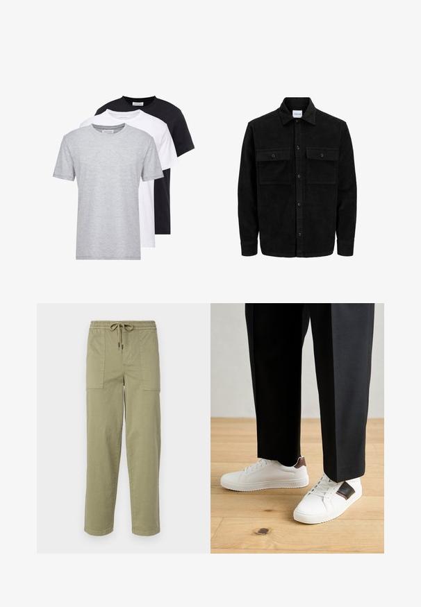 Melnas kordūru pogu jaka ar divām priekšējām atloka kabatām un klasisku apkakli, garām piedurknēm un ribotu tekstūru.; Trīs apaļo kakla T-krekli pelēkā, baltā un melnā krāsā, ar īsām piedurknēm, mīkstu tekstūru un taisna griezuma dizainu.; Gaišolīci zaļas bikses no kokvilnas maisījuma auduma, ar elastīgu jostu un saiti, kā arī divām lielām sānu kabatām.; Baltā pārsoļa apavi ar gludu tekstūru, papildināti ar brūniem ādas akcentiem un melniem elementiem, savienoti ar melnām pielāgotām biksēm. Koka grīdas fons.