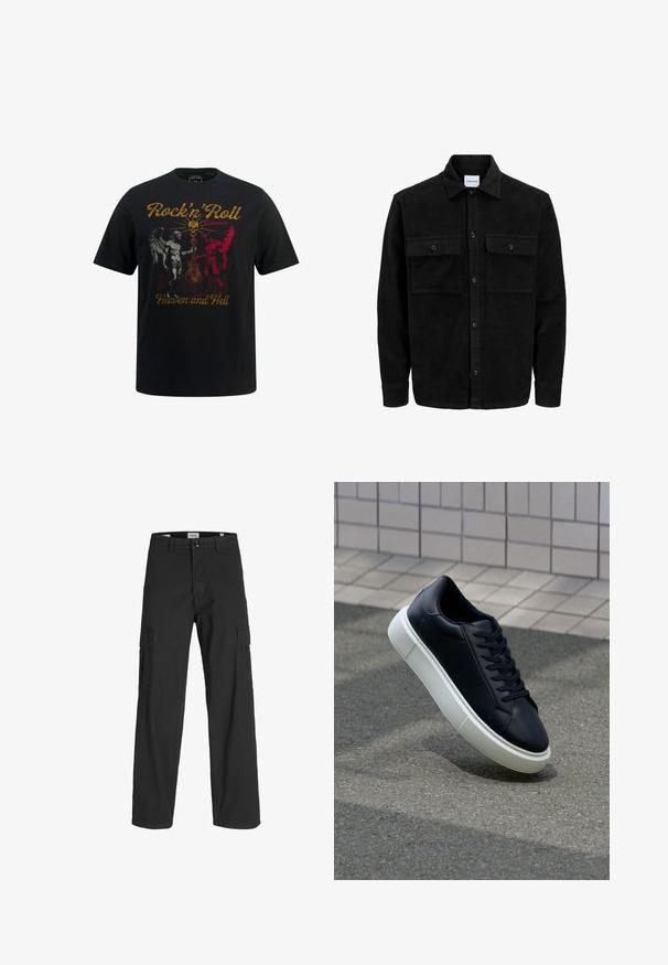 Zwarte corduroy knopenjack met twee voorste klepzakken en een klassieke kraag, lange mouwen en ribbelstructuur.; Zwarte katoenen T-shirt met een graphic met contrasterende rode en witte illustraties van engelen en demonen, met de tekst "Rock'n'Roll Between Heaven and Hell."; Zwarte cargobroek met een losse pasvorm, gemaakt van katoen. Bevat twee zijzakken en een knoopsluiting, ontworpen voor functionaliteit en comfort.; Zwarte leren sneaker met een ronde neus en een witte rubberen zool. Voorzien van platte veters en minimale stiksels op het bovenwerk. Textuurrijke zool voor grip.