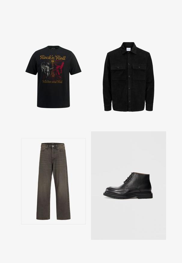 Zwarte corduroy knopenjack met twee voorste klepzakken en een klassieke kraag, lange mouwen en ribbelstructuur.; Zwarte katoenen T-shirt met een graphic met contrasterende rode en witte illustraties van engelen en demonen, met de tekst "Rock'n'Roll Between Heaven and Hell."; Wijde jeans in donkergrijze denim met een hoge taille, een klassieke vijf-pocketontwerp en contrasterende stiksels langs de naden.; Zwarte leren enkellaars met vetersluiting, ronde neus en dikke rubberen zool tegen een effen witte achtergrond.