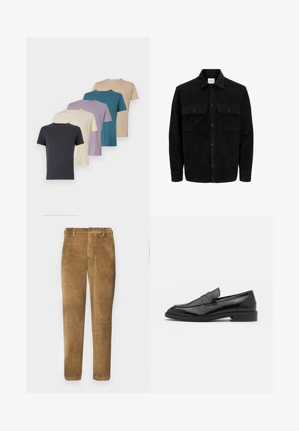 Schwarze Corduroy-Button-Up-Jacke mit zwei frontalem Klappentaschen und klassischem Kragen, langen Ärmeln und gerippter Textur.; Fünf kurzärmlige T-Shirts in Dunkelgrau, Creme, Lavendel, Türkis und Beige. Hergestellt aus weichem Stoff mit Rundhalsausschnitt und normaler Passform.; Braune Cordhosen mit vertikal gerippter Textur, geradem Schnitt, Knopfverschluss und Gürtelschlaufen. Glattes Gewebe mit weicher Oberfläche.; Schwarze Lederloafers mit glatter Oberfläche, runder Spitze und schmalem Riemen über dem Obermaterial. Niedriger, gestapelter Absatz.