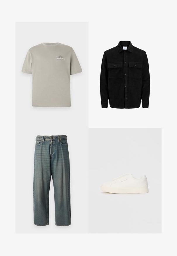 Sort fløjl button-up jakke med to frontlommer og klassisk krave, lange ærmer og ribbet tekstur.; Lys grå bomulds T-shirt med korte ærmer, rund halsudskæring og et lille "ATHLETIC CLUB" grafik på brystet. Glat tekstur.; Lyseblå denim jeans med løs pasform, mellemhøj talje og lige ben. Har fem lommer, bæltestropper og en knappelukning.; Hvide slip-on sneakers med en struktureret overflade, en tyk sål og et minimalistisk design. Har brandlogoet på siden.