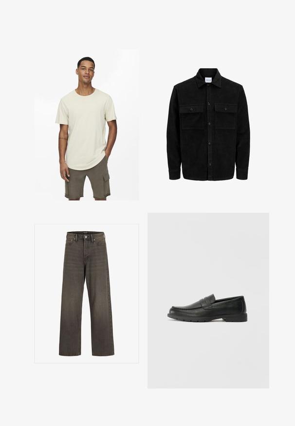 Melnas kordūru pogu jaka ar divām priekšējām atloka kabatām un klasisku apkakli, garām piedurknēm un ribotu tekstūru.; Bežs kokvilnas T-krekls ar apaļu kaklu, īsām piedurknēm un brīvu piegriezumu. Saskaņots ar olīvzaļiem cargo šortiem ar kabatām.; Platas kājas džinsi tumši pelēkā denima, ar augstu jostasvietu, klasisku piecu kabatu dizainu un kontrastējošām šuvēm.; Melnas ādas loafers ar gludu apdari, mokasīnu stila augšdaļu, šūtu detalizāciju un gumijas zoli. Klasisks dizains ar zemu papēdi.