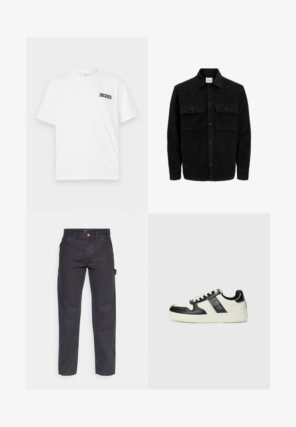 Jachetă din catifea neagră, cu butoni, două buzunare frontale cu clapetă și un guler clasic, mâneci lungi și textură ribbed.; Tricou alb cu mânecă scurtă, fabricat din bumbac. Are un guler rotund și un mic logo negru "DICKIES" în zona stângă a pieptului.; Pantaloni cargo gri închis, confecționați dintr-un material durabil, cu croială dreaptă, cinci buzunare și închidere cu nasture la talie.; Tenisi din piele cu un scheme de culori negru și crem, dotati cu accente perforate, guler căptușit și o talpă texturată.