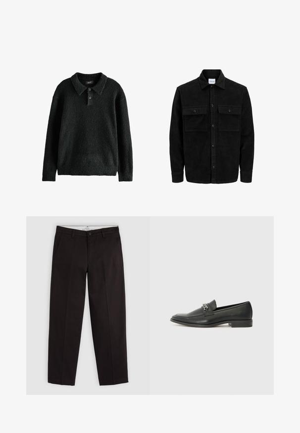 Czarna kurtka z korduru z guzikami, z dwoma przednimi kieszeniami na klapki oraz klasycznym kołnierzem, długimi rękawami i ryżowym splotem.; Czarny, strukturowany sweter z kołnierzykiem, zapięciem na trzy guziki i długimi rękawami. Wykonany z miękkiego, puszystego materiału.; Czarne chinosy o prostych nogawkach z pętlami na pasek, z zapięciem na guzik i bocznymi kieszeniami, wyeksponowane na jasnoszarym tle.; Czarne skórzane mokasyny o gładkim wykończeniu, z haftowanym wzorem i dekoracyjnym akcentem z metalowego łańcucha na wierzchu. Płaska pięta.