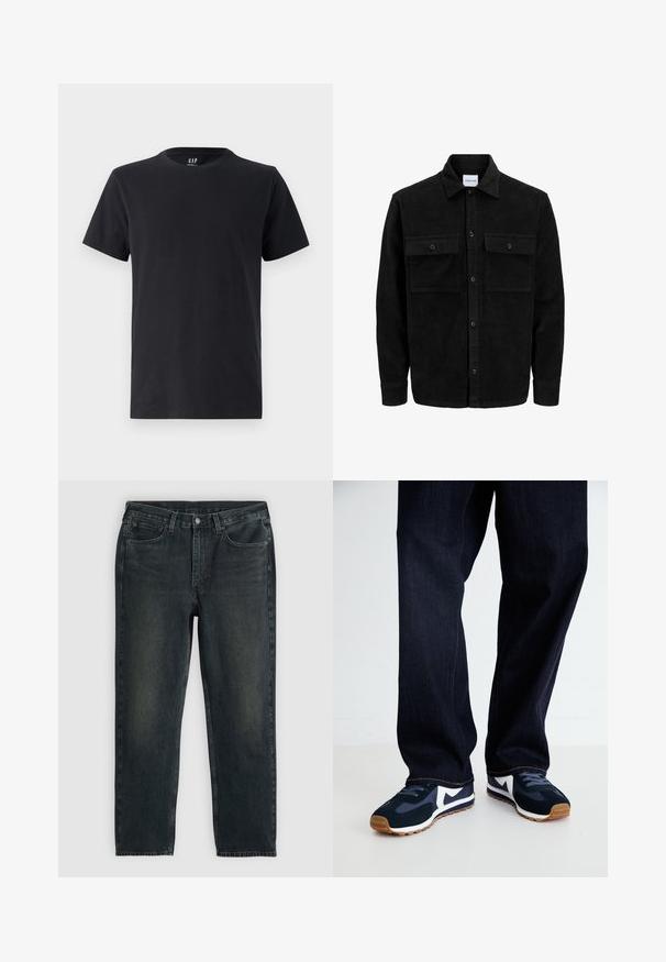 Črna kordurojska jakna z gumbi, z dvema sprednjima žepoma z zavihkom in klasičnim ovratnikom, dolgimi rokavi ter rebrasto teksturo.; Črna bombažna majica s kratkimi rokavi in okroglim ovratnikom. Gladka tekstura, običajen kroj, z logotipom GAP na ovratniku.; Temno modri traper hlače z ravnim krojem, opremljene s petimi žepi, zadrgo in kontrastnim šivom. Nežna bledica na tkanini.; Mornarsko modri in beli športni čevlji z teksturiranim zgornjim delom, vezalkami in gumijastim podplatom, v kombinaciji s temno denim hlačami z oranžnim šivom.