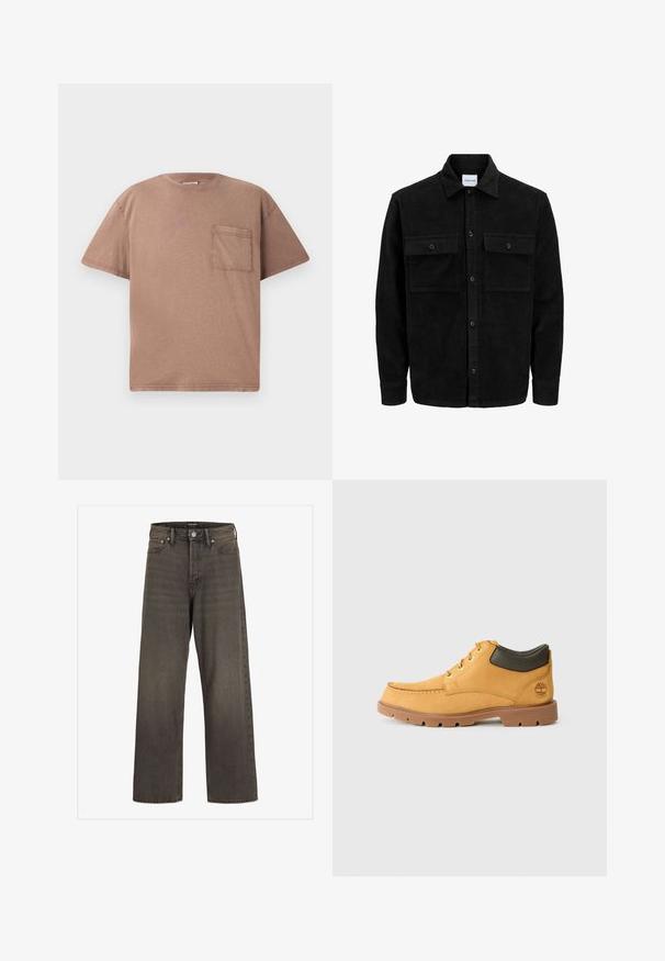 Čierna kordúrová bunda s gombíkmi, dvoma prednými vreckami so záklopkou a klasickým golierom, dlhými rukávmi a ryhovanou textúrou.; Tričko s krátkymi rukávmi a okrúhlym výstrihom v svetlohnedej bavlne, s jedným vreckom na hrudi a jemnou textúrou. Priamy strih s čistými okrajmi.; Džínsy s širokými nohavicami v tmavošedej džínsovine, s vysokým pásom, klasickým dizajnom s piatimi vreckami a kontrastným šitím pozdĺž švov.; Žlté kožené topánky s hnedou gumovou podrážkou, okrúly špička a zeleným koženým detailom okolo členku. Obsahujú zlaté očká a akcenty na šití.