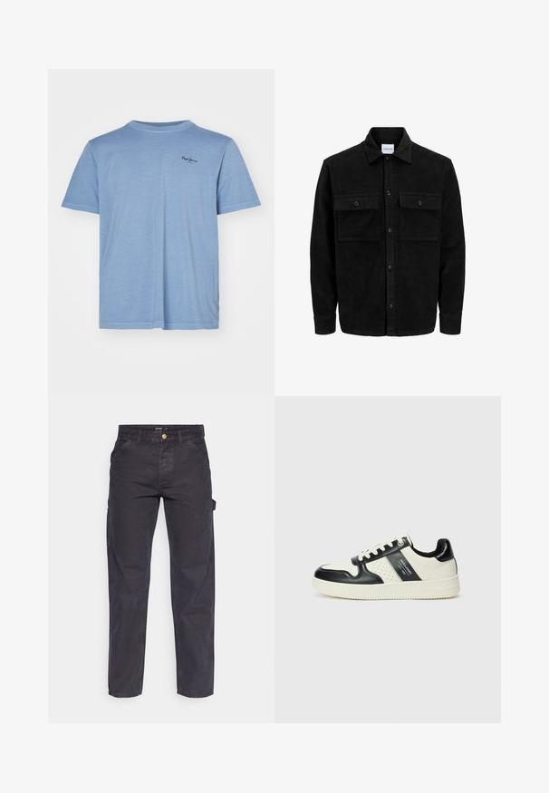 Jachetă din catifea neagră, cu butoni, două buzunare frontale cu clapetă și un guler clasic, mâneci lungi și textură ribbed.; Tricou scurt cu mânecă scurtă, de culoare albastru deschis, cu guler rotund, realizat dintr-o țesătură moale, având un mic logo în colțul stâng sus al pieptului.; Pantaloni cargo gri închis, confecționați dintr-un material durabil, cu croială dreaptă, cinci buzunare și închidere cu nasture la talie.; Tenisi din piele cu un scheme de culori negru și crem, dotati cu accente perforate, guler căptușit și o talpă texturată.