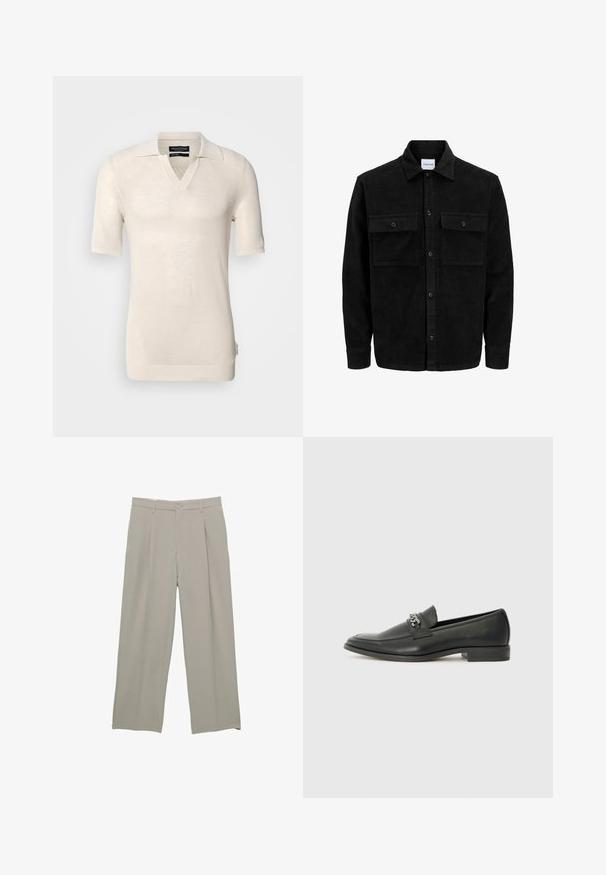 Veste en velours côtelé noire à boutons, avec deux poches à rabat à l'avant et un col classique, des manches longues et une texture côtelée.; Pull court à manches courtes beige clair avec un col en V et un col plat. Fait de tissu tricoté texturé, présentant un motif subtil et une étiquette sur le côté.; Pantalons larges gris clair avec une texture lisse, dotés de plis à l'avant, d'une fermeture à bouton et de poches latérales.; Mocassin en cuir noir avec une finition lisse, présentant un design cousu et une accent décoratif en chaîne métallique sur le rand. Talon plat.