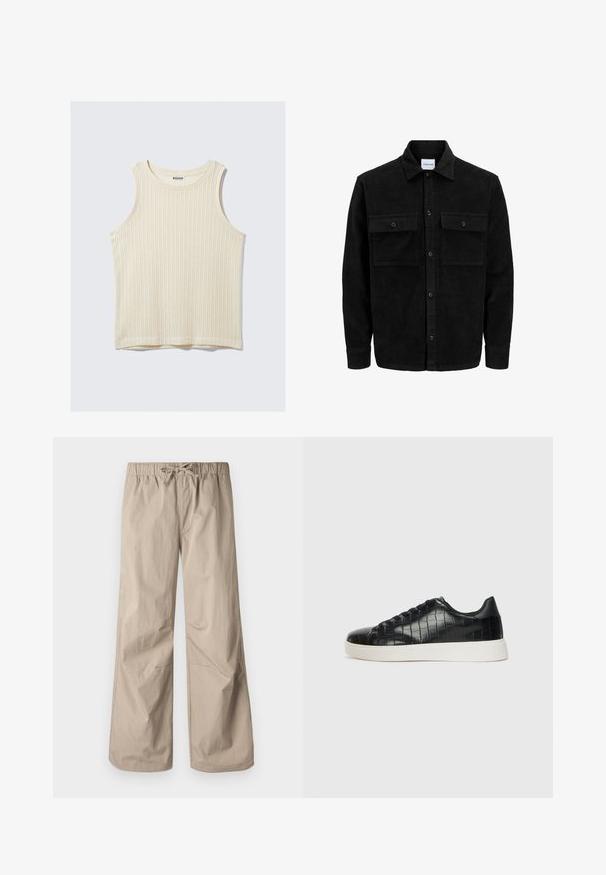 Zwarte corduroy knopenjack met twee voorste klepzakken en een klassieke kraag, lange mouwen en ribbelstructuur.; Crème-kleurige geribbelde tanktop met een ronde halslijn en brede schouderbanden. Zachte textuur met een eenvoudig ontwerp. Etiket zegt "WEEKDAY."; Beige wijde broek met een elastische tailleband en trekkoord. Gladde textuur, twee zijzakken en minimale naden voor een relaxte pasvorm.; Zwarte sneakers met een gestructureerde leren bovenkant met krokodilpatroon, een ronde neus en een contrasterende witte rubberen zool met een gladde afwerking.