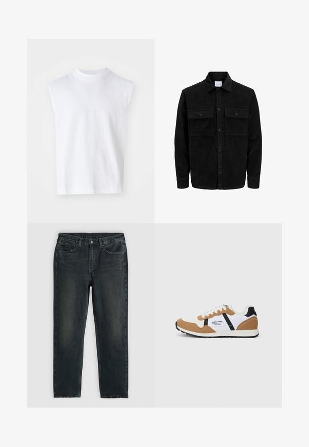 Jachetă din catifea neagră, cu butoni, două buzunare frontale cu clapetă și un guler clasic, mâneci lungi și textură ribbed.; Top alb fără mâneci, realizat din bumbac, cu un decolteu rotund, o croială lejeră și o textură netedă. Design simplu, fără modele sau accente.; Jeans din denim negre cu o croială dreaptă, design cu cinci buzunare și detalii ușor decolorate. Prezintă o închidere cu nasture și fermoar.; Tenis retro cu alb, suede bej, accente negre, șireturi albe și logo-ul "Jack & Jones EST. 1990" pe lateral.
