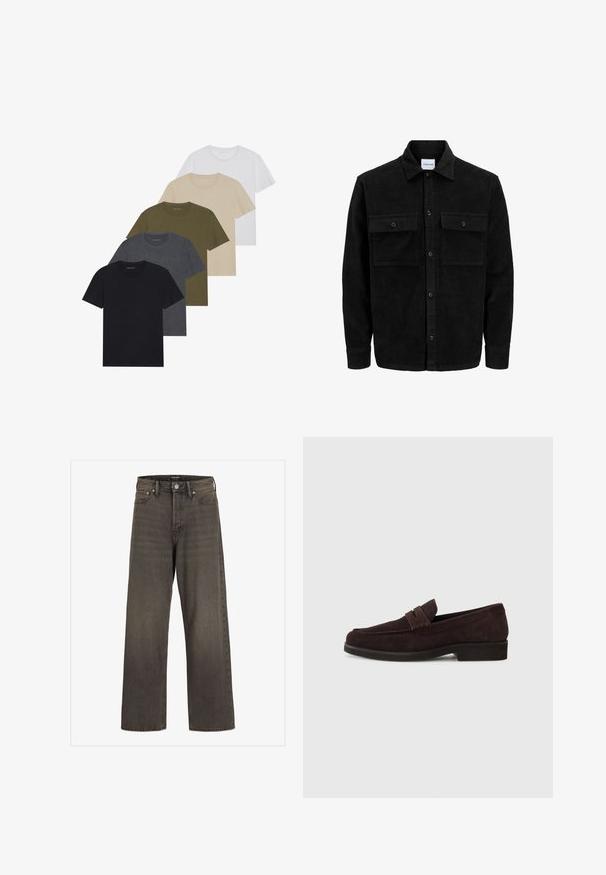 Mustat corduroy-nappi takki, jossa on kaksi etupistotaskua ja klassinen kaulus, pitkät hihat ja ribattu pinta.; Viisi crew-neck t-paitaa järjestettynä väriasteikossa: musta, tummanharmaa, oliivinvihreä, beige ja valkoinen. Valmistettu pehmeästä ja hengittävästä kankaasta.; Valkoset farkut tummanharmaasta denimestä, joissa on korkea vyötärö, klassinen viisi-taskuinen muotoilu ja erottuvat ompeleet saumoissa.; Ruske mokasiner i gamzene s niskim profilom i zaobljenim prednjim dijelom. Imaju ukrasnu traku preko gornjeg dijela, ravni gumeni potplat i bez vidljivih šavova.