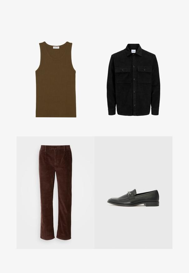 Crni kožni kord jakna na dugmad s dva prednja džepa s preklopom i klasičnim ovratnikom, dugim rukavima i rebrastom teksturom.; Rebrasti majici bez rukava u tamno maslinastoj boji, s okruglim izrezom i dovršenim rubovima, izrađena od mekog materijala.; Smeđe kordovane hlače ravnog kroja, s bočnim džepovima, vertikalnom rebrastom teksturom i klasičnim pojasom.; Crna kožna loafer cipela s glatkom finišem, s ušivenim uzorkom i dekorativnim metalnim lancem preko prednjeg dijela. Ravni potplat.