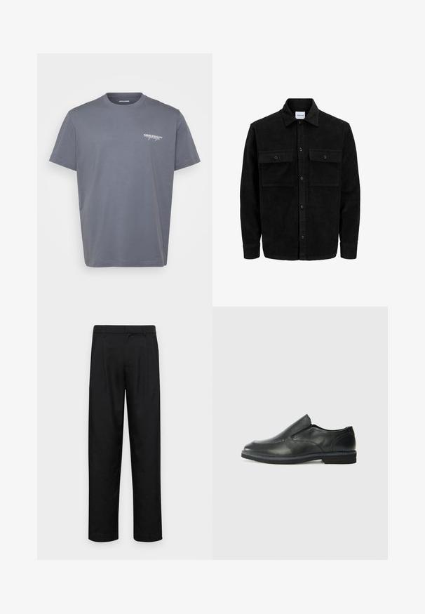 Melnas kordūru pogu jaka ar divām priekšējām atloka kabatām un klasisku apkakli, garām piedurknēm un ribotu tekstūru.; Pelēks kokvilnas T-krekls ar īsām piedurknēm, apaļu kakla izgriezumu un mazu baltu "ORIGINALS" logo kreisajā krūtī. Gluda tekstūra, klasiskā piegriezuma.; Melnas bikses, izgatavotas no gludas auduma, ar taisnu kāju dizainu, divām priekšējām krokām un standarta jostu, kurai ir āķi.; Melnas ādas slip-on kurpes ar gludu augšdaļu, izšūtām akcentiem, noapaļotu purngala daļu un zemu gumijas papēdi. Zole ar minimālu rakstu.