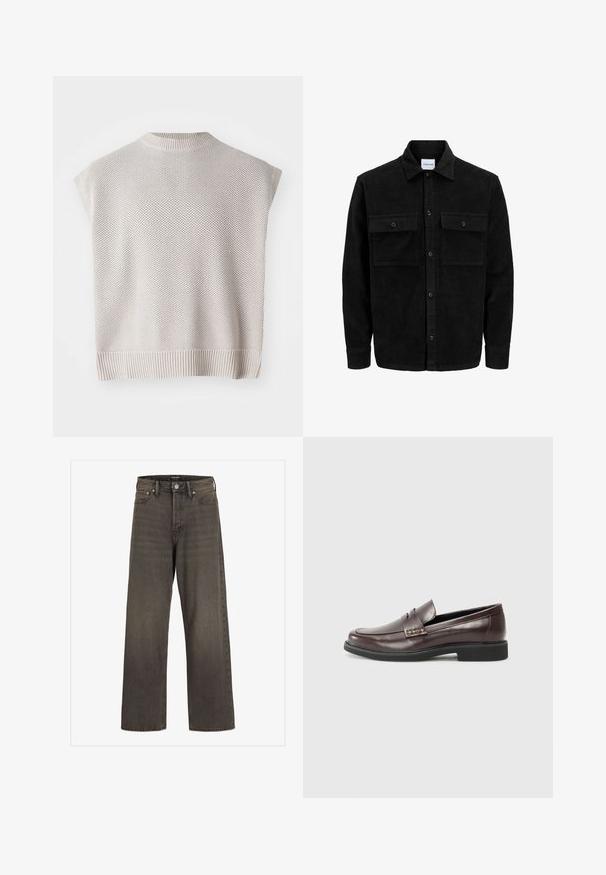 Mustat corduroy-nappi takki, jossa on kaksi etupistotaskua ja klassinen kaulus, pitkät hihat ja ribattu pinta.; Vaaleanbeige neulottu ilmanhiha toppi, jossa on ribattu helma ja pyöreä kaula-aukko. Siinä on teksturoitu kuvio ja liikkuva malli.; Valkoset farkut tummanharmaasta denimestä, joissa on korkea vyötärö, klassinen viisi-taskuinen muotoilu ja erottuvat ompeleet saumoissa.; Ruske nahkasaappaat sileällä pinnalla, joissa on hienovarainen tikkaus yksityiskohtana yläpinnassa ja musta kumipohja.