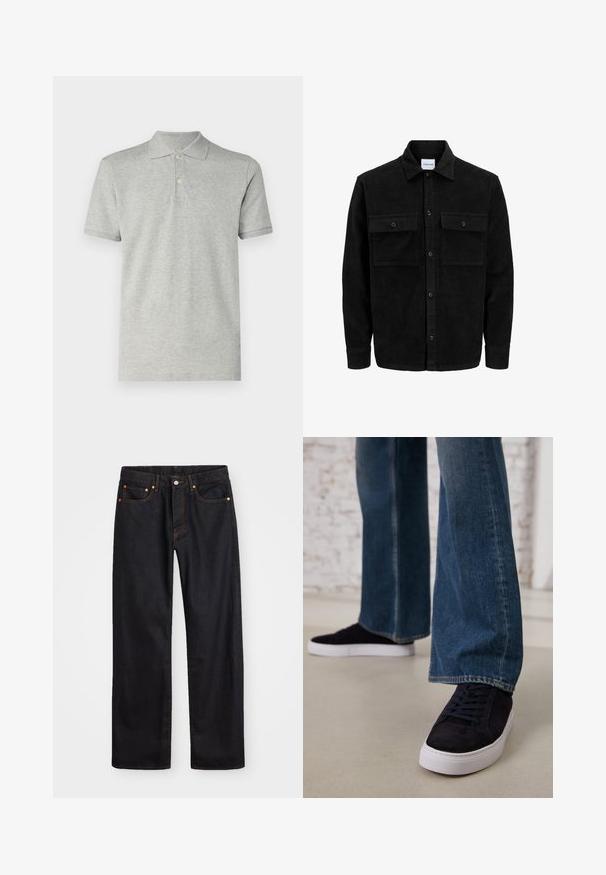Juodas velveto mygtukų švarkas su dviem priekiniais kišenėmis su atvartais, klasikiniu apykakle, ilgomis rankovėmis ir raukšlėtu paviršiumi.; GAP Polo marškinėliai - heather grey; Vyrų tiesaus kirpimo juodi džinsai iš denim medžiagos, su penkiomis kišenėmis ir oranžinėmis siūlėmis, su mygtuko ir užtrauktuko uždarymu ant priekio.; Tamsiai mėlyni zomšiniai sportbačiai su baltu guminio padu ir raišteliais, derinami su plačiomis džinsinėmis kelnėmis vidutinio mėlynumo skalbimo.
