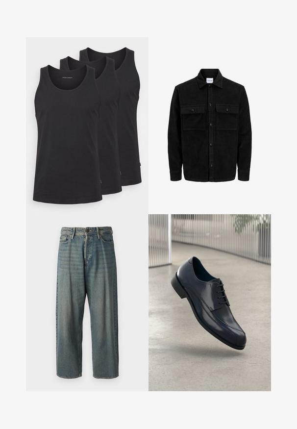 Czarna kurtka z korduru z guzikami, z dwoma przednimi kieszeniami na klapki oraz klasycznym kołnierzem, długimi rękawami i ryżowym splotem.; Czarne bawełniane topy na ramiączkach w zestawie trzech sztuk. Posiadają okrągły dekolt, bez rękawów i prosty dół. Gładka textura, minimalne logo.; Jasnoniebieskie dżinsy o luźnym kroju, średnim stanie i prostych nogawkach. Posiadają pięć kieszeni, szlufki na pasek oraz zapięcie na guzik.; Lśniący czarny skórzany but na obcasie z sznurówkami, unoszący się nad gładką, jasnoszarym podłogą oraz pionowymi metalowymi prętami w tle.