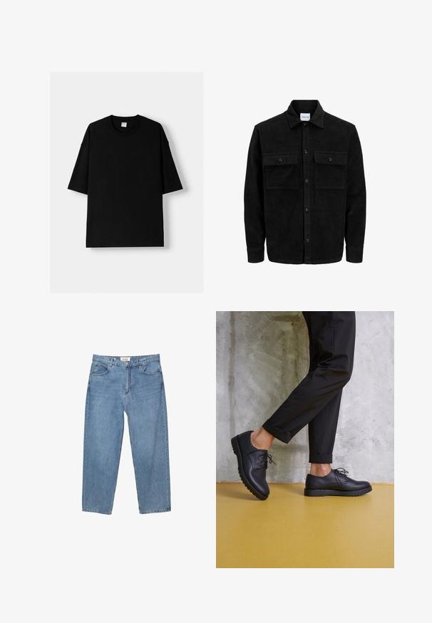 Črna kordurojska jakna z gumbi, z dvema sprednjima žepoma z zavihkom in klasičnim ovratnikom, dolgimi rokavi ter rebrasto teksturo.; Črna bombažna majica s kratkimi rokavi, okroglim izrezom in sproščenim krojem. Gladka tekstura in minimalistična zasnova, brez vzorcev ali dodatkov.; Svetlo modri jeans z ravnim krojem, pet žepnim dizajnom in vidno blagovno znamko na pasu.; Črni usnjeni čevlji z vezalkami, okrogel prst in teksturiran gumijast podplat. Nošeni s skrajšanimi črnimi hlačami, na ozadju betonske stene.